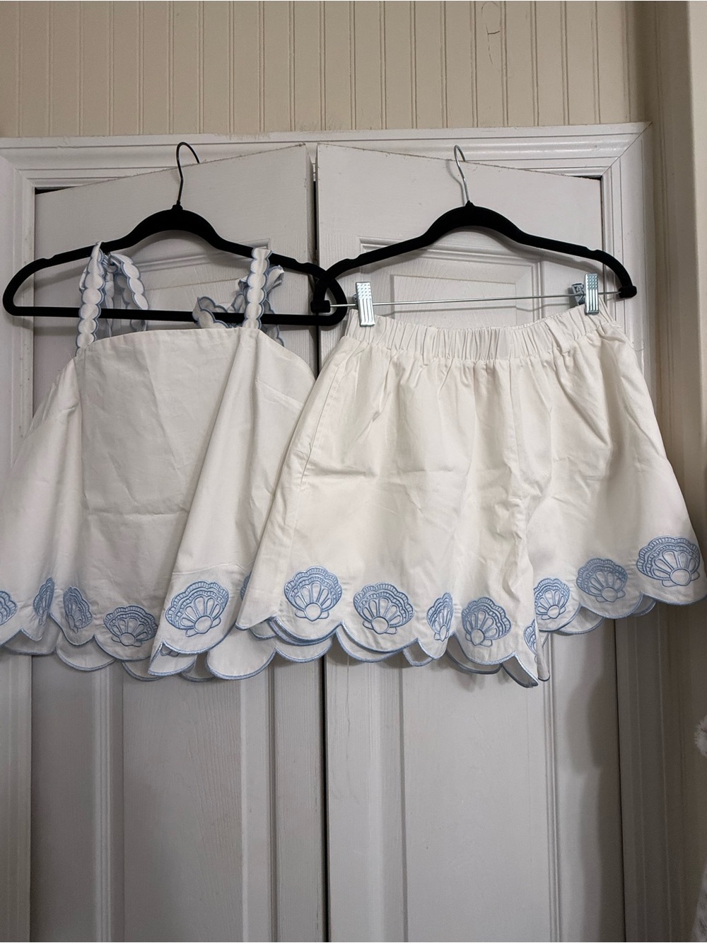 White Embroidered Skirt and Top Set with Blue Trim